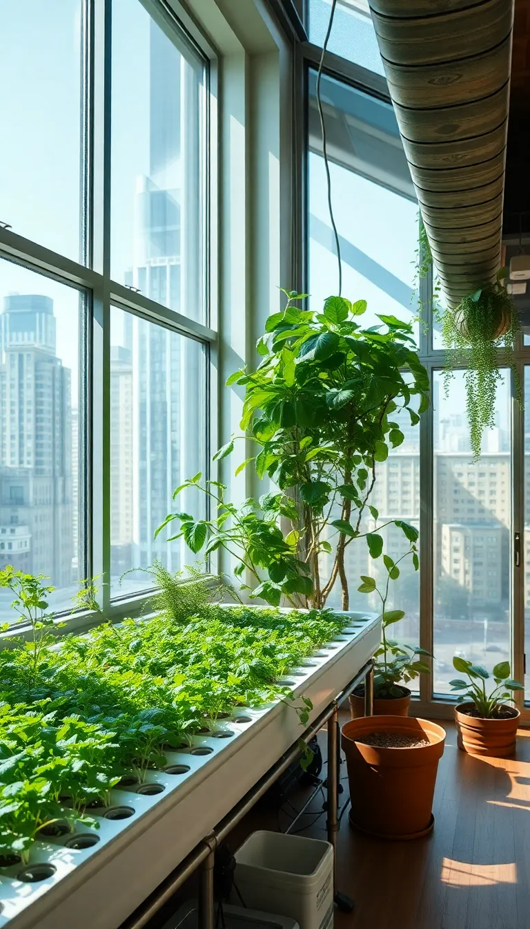 A modern office space with large windows and plants.