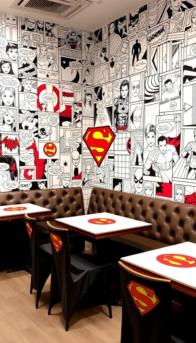 A modern cafe with graffiti-style wall art and colorful seating.