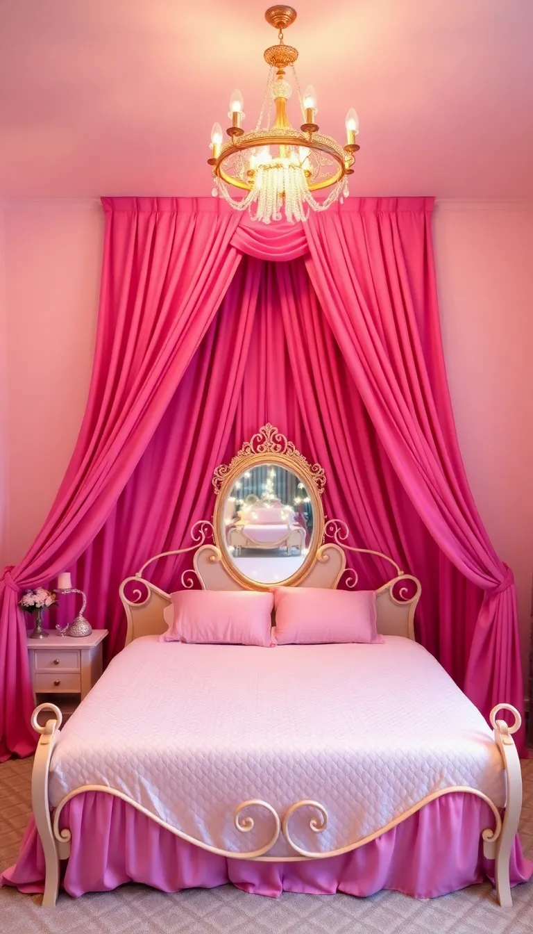 A pink princess-themed bedroom with a canopy bed and a chandelier.