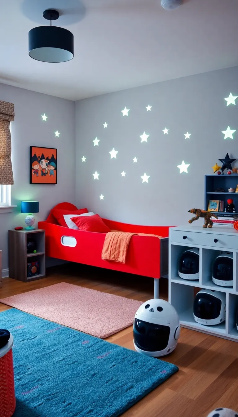 A child's bedroom with a star-themed ceiling and a colorful rug.