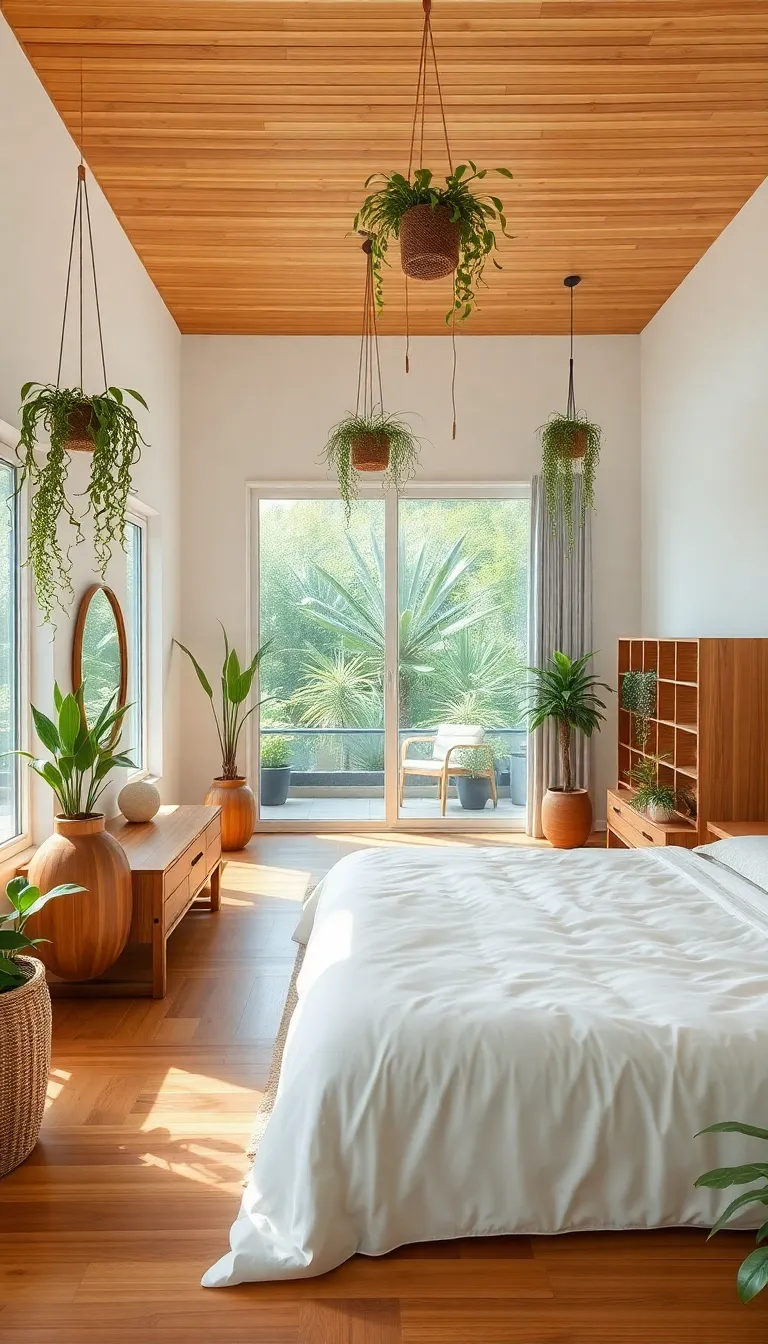 A modern bedroom with a minimalist design and a large window.