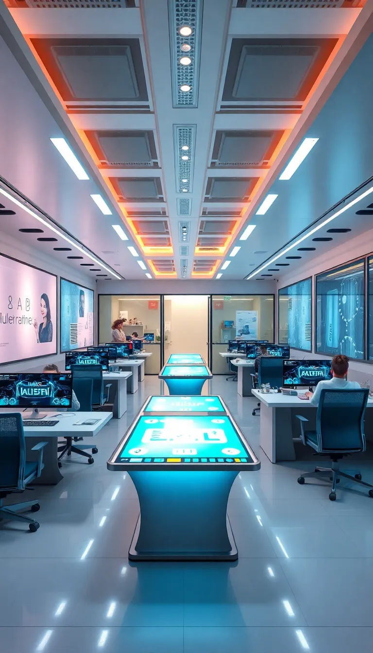 A futuristic-themed room with a gaming setup and neon lights.