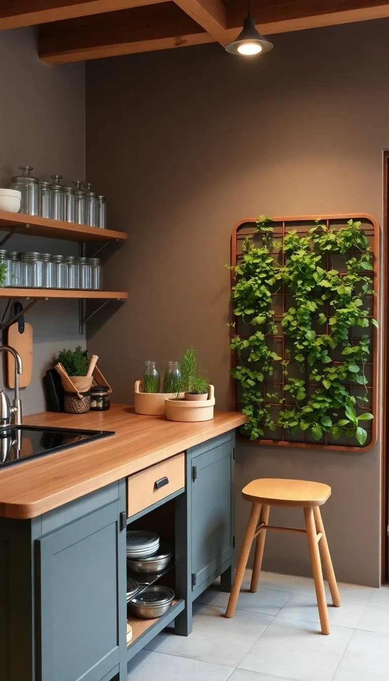 A minimalist office with a desk and a vertical garden.