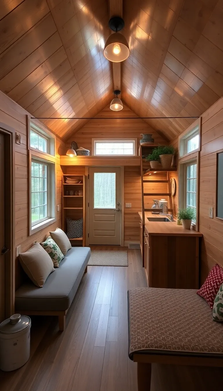 A cozy living room with a fireplace and a wooden ceiling.