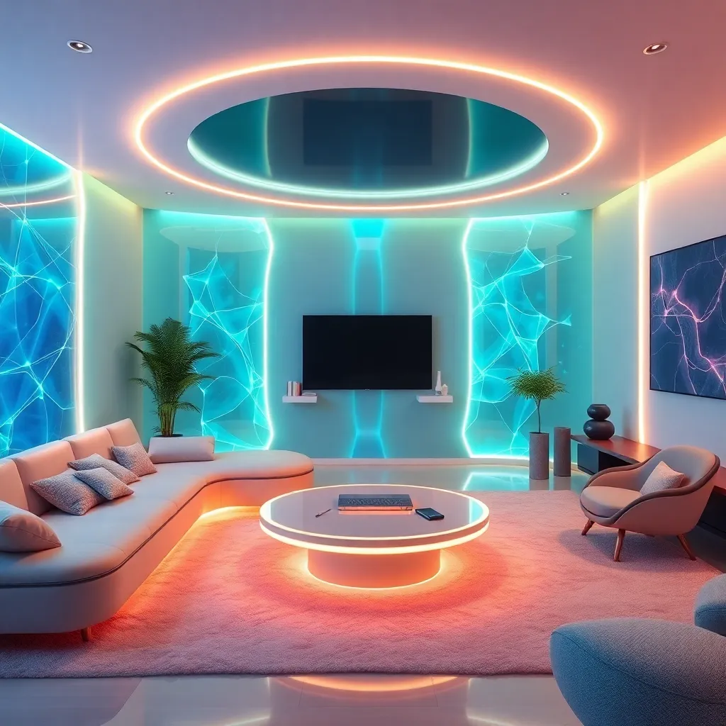 A modern living room with a large TV, colorful lights, and a coffee table.