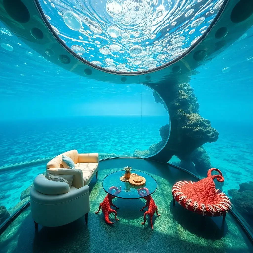 An underwater living room with a large window and a view of the ocean.