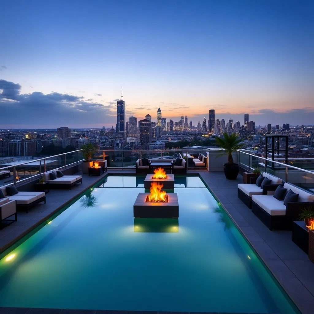 A rooftop pool with a view of the city skyline at sunset.