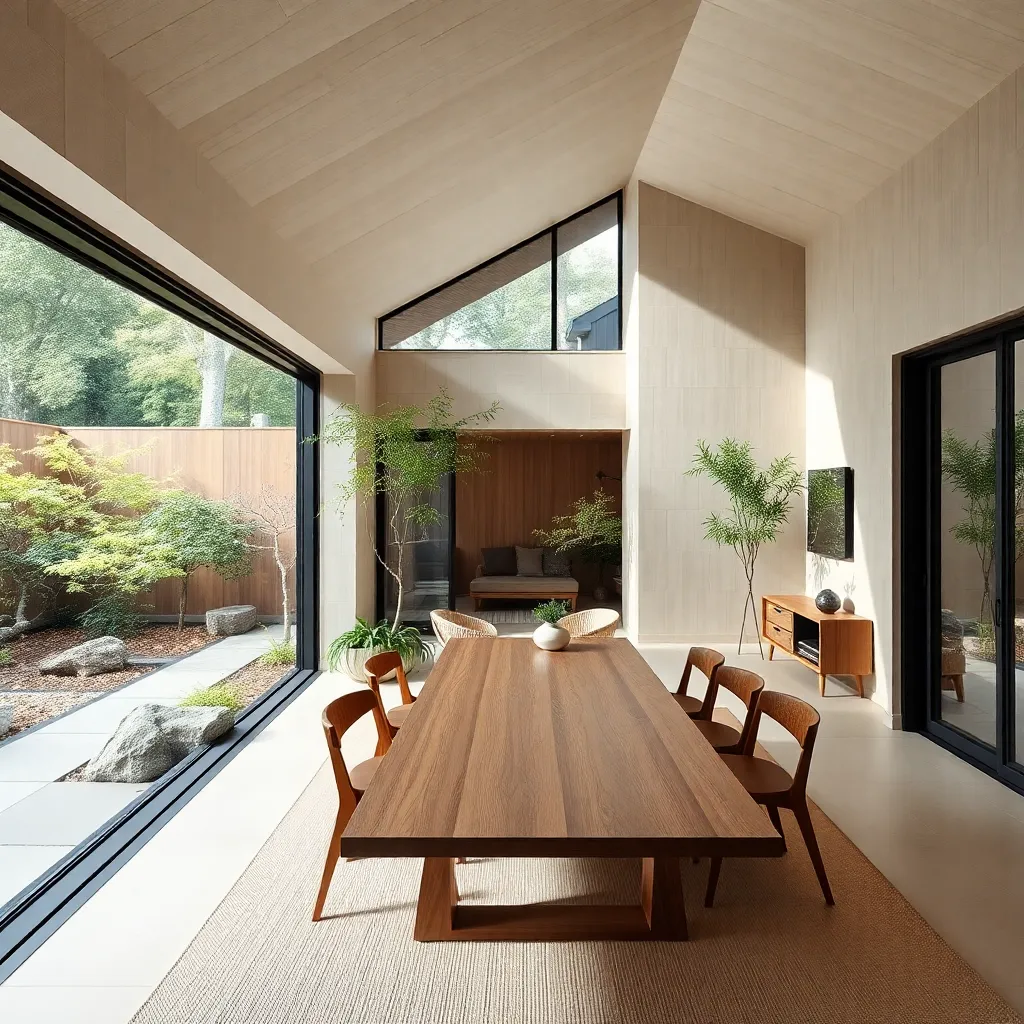 A modern dining room with large windows and a wooden table.