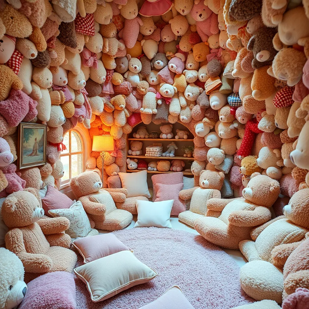 A room filled with stuffed animals & pillows, with a fireplace in the background.