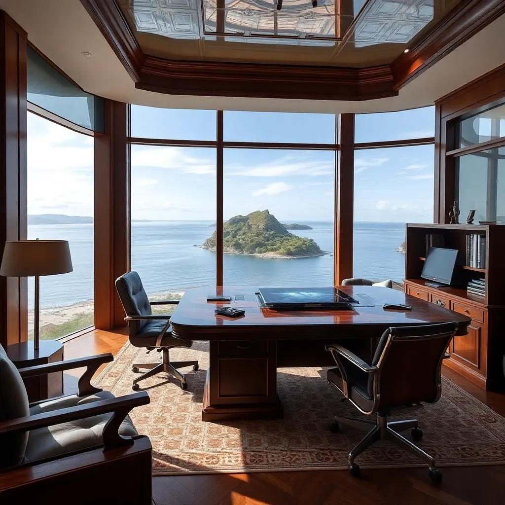 A home office with a view of the ocean.