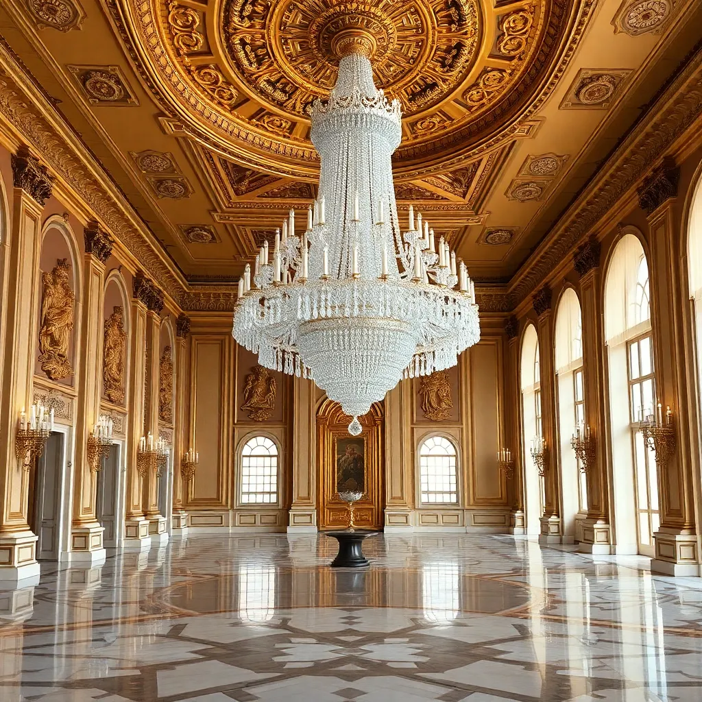 A grand hallway with a large chandelier and ornate ceiling.