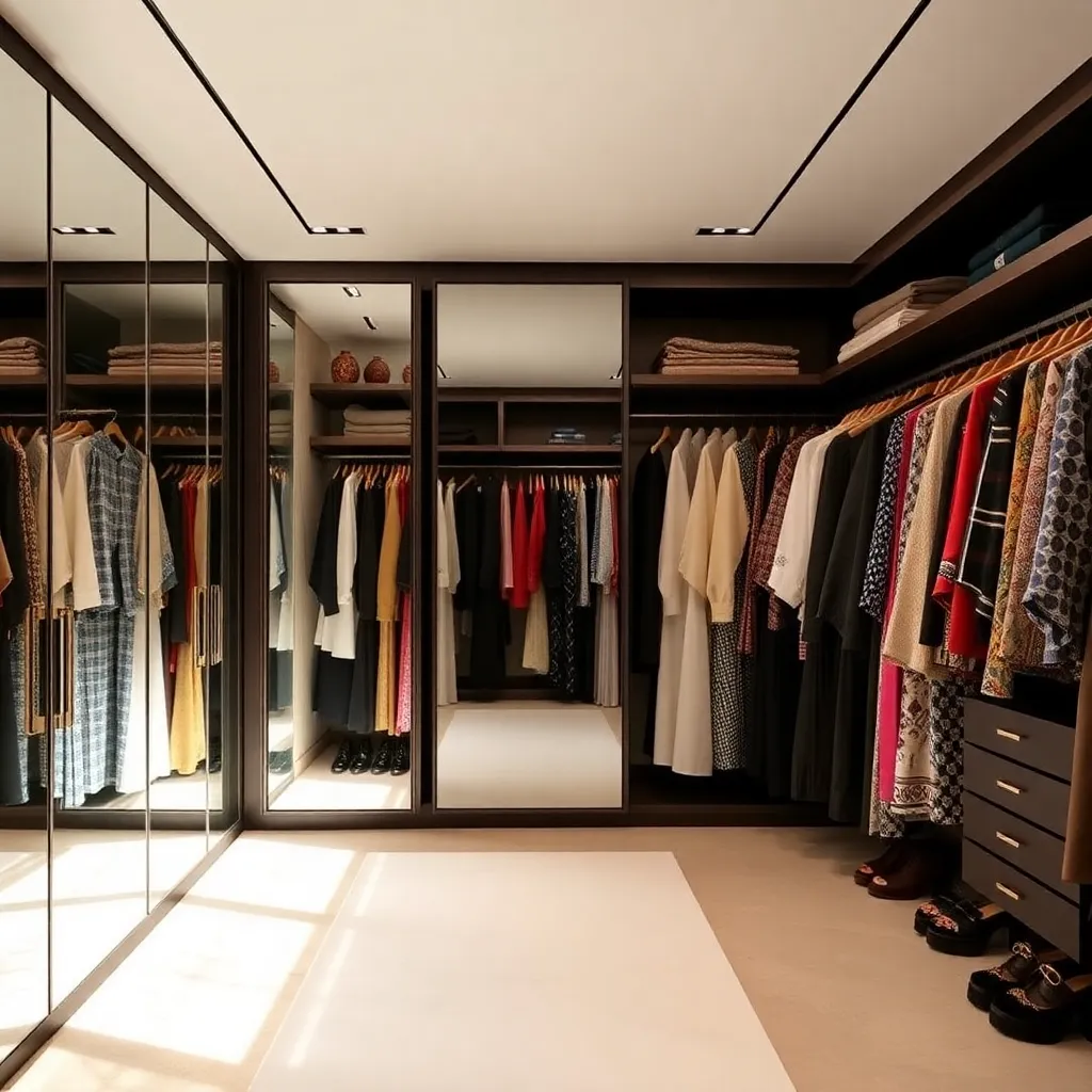 A walk-in closet with clothes hanging on racks.