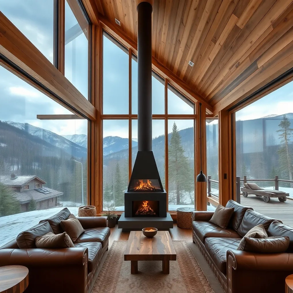 A living room with a fireplace and large windows overlooking a mountain view.