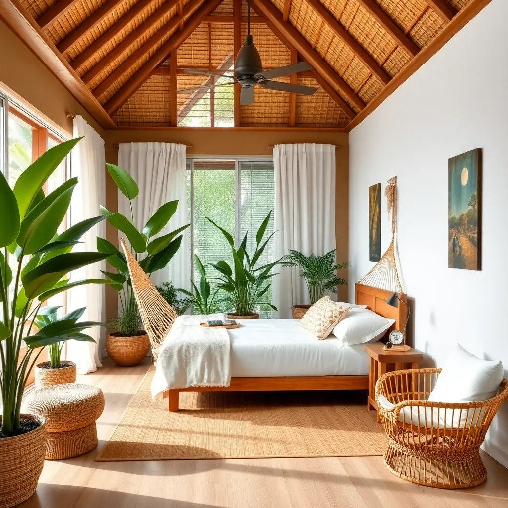 A bedroom with a wooden ceiling, a bed, and plants.