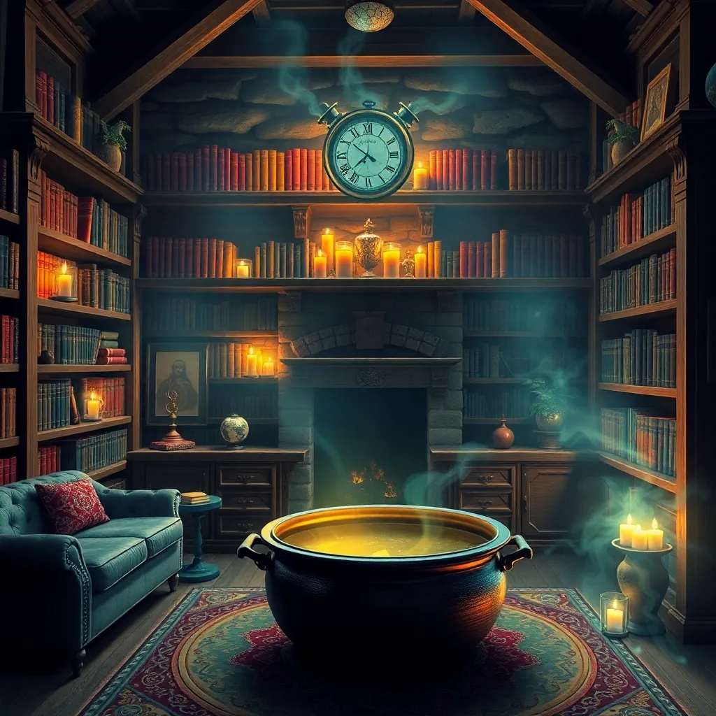 A magical library with shelves filled with books, a large cauldron, and a glowing fireplace.