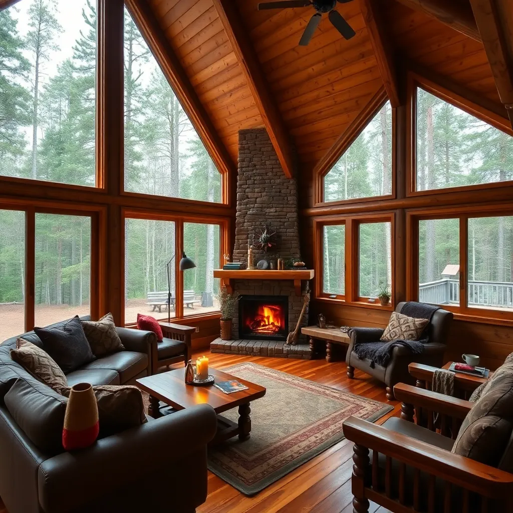 A cozy living room with a large fireplace, comfortable chairs, and a wooden beamed ceiling.