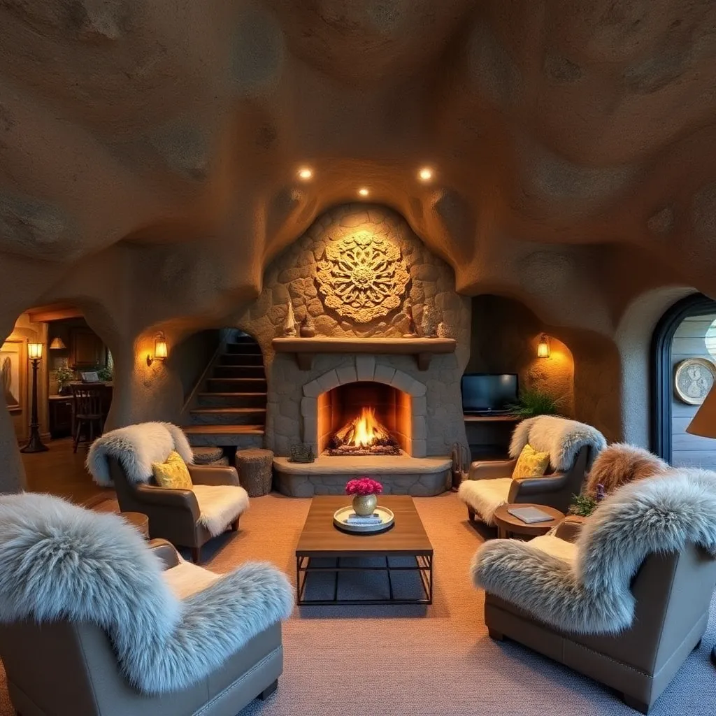 A cozy living room with a large stone fireplace, comfortable chairs, and a wooden beamed ceiling.