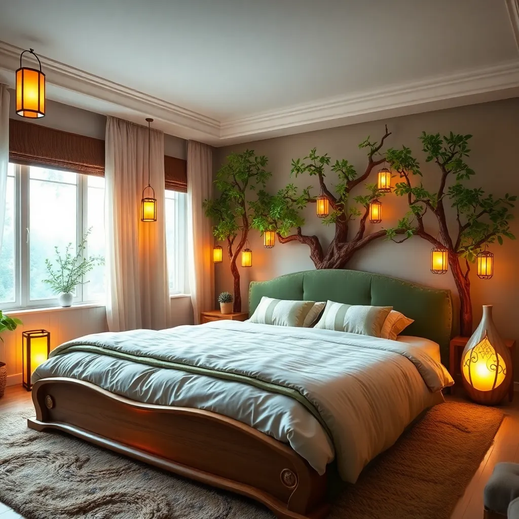 A cozy bedroom with a large bed, wooden furniture, and fairy lights decorating the walls.