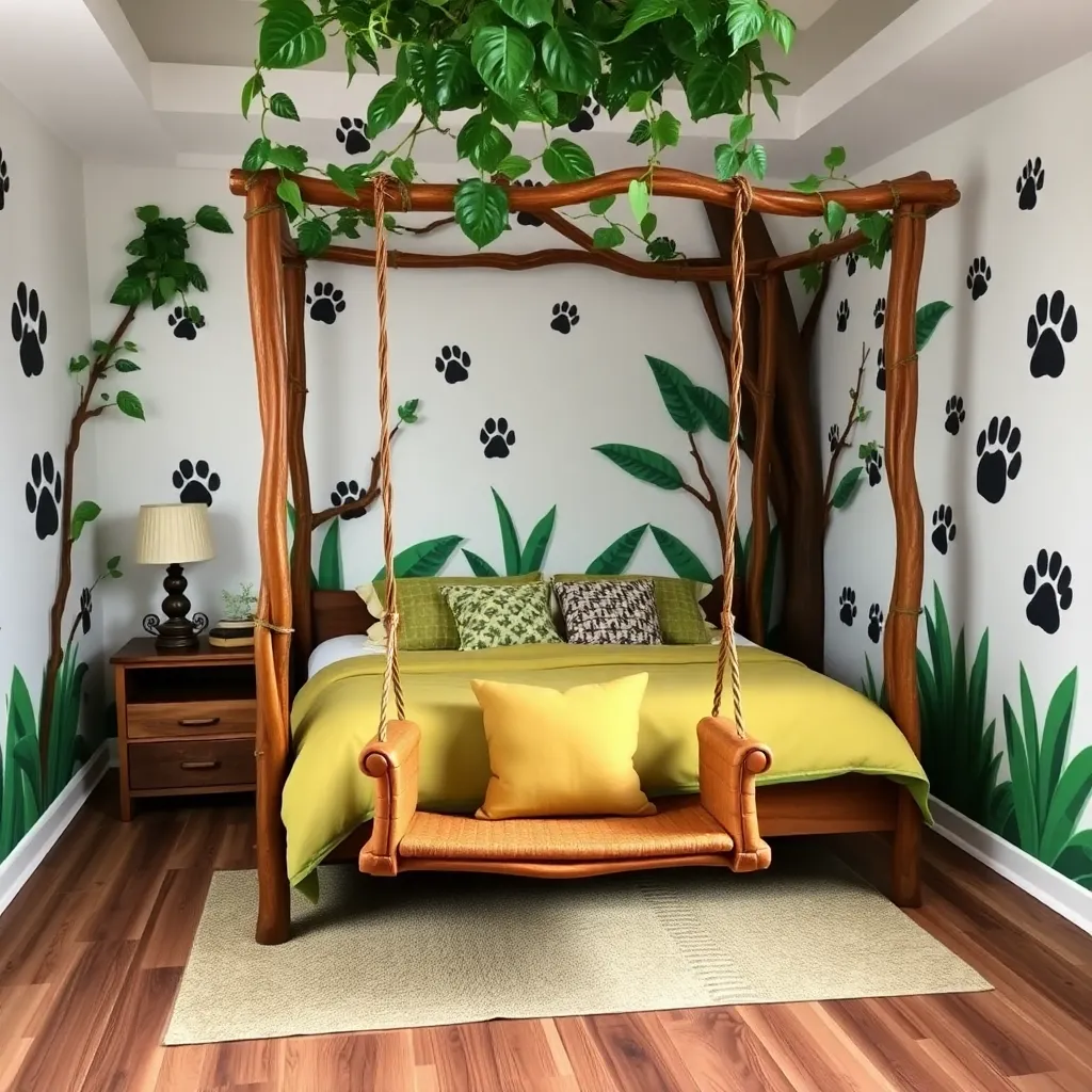 A bedroom with a bed, a fireplace, and a tree growing from the floor.