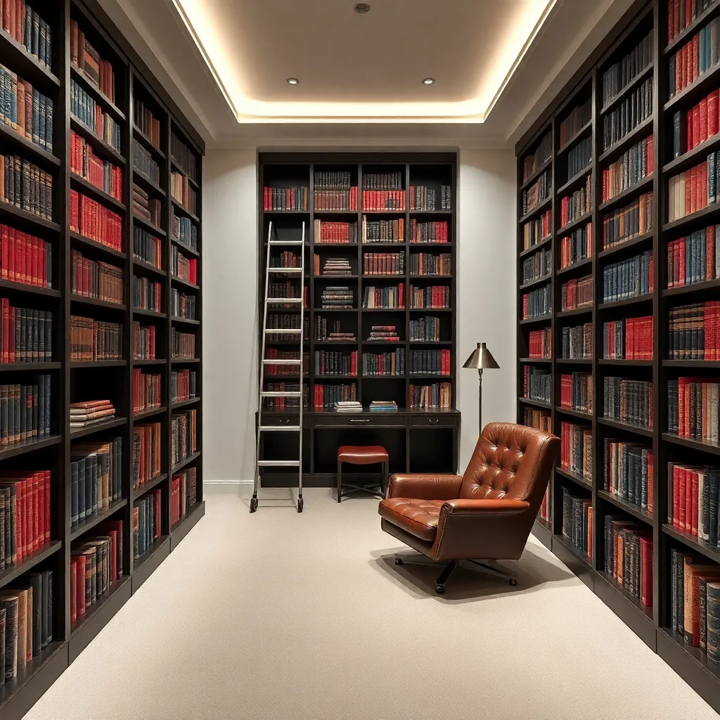 A cozy reading nook with bookshelves and a comfortable chair.