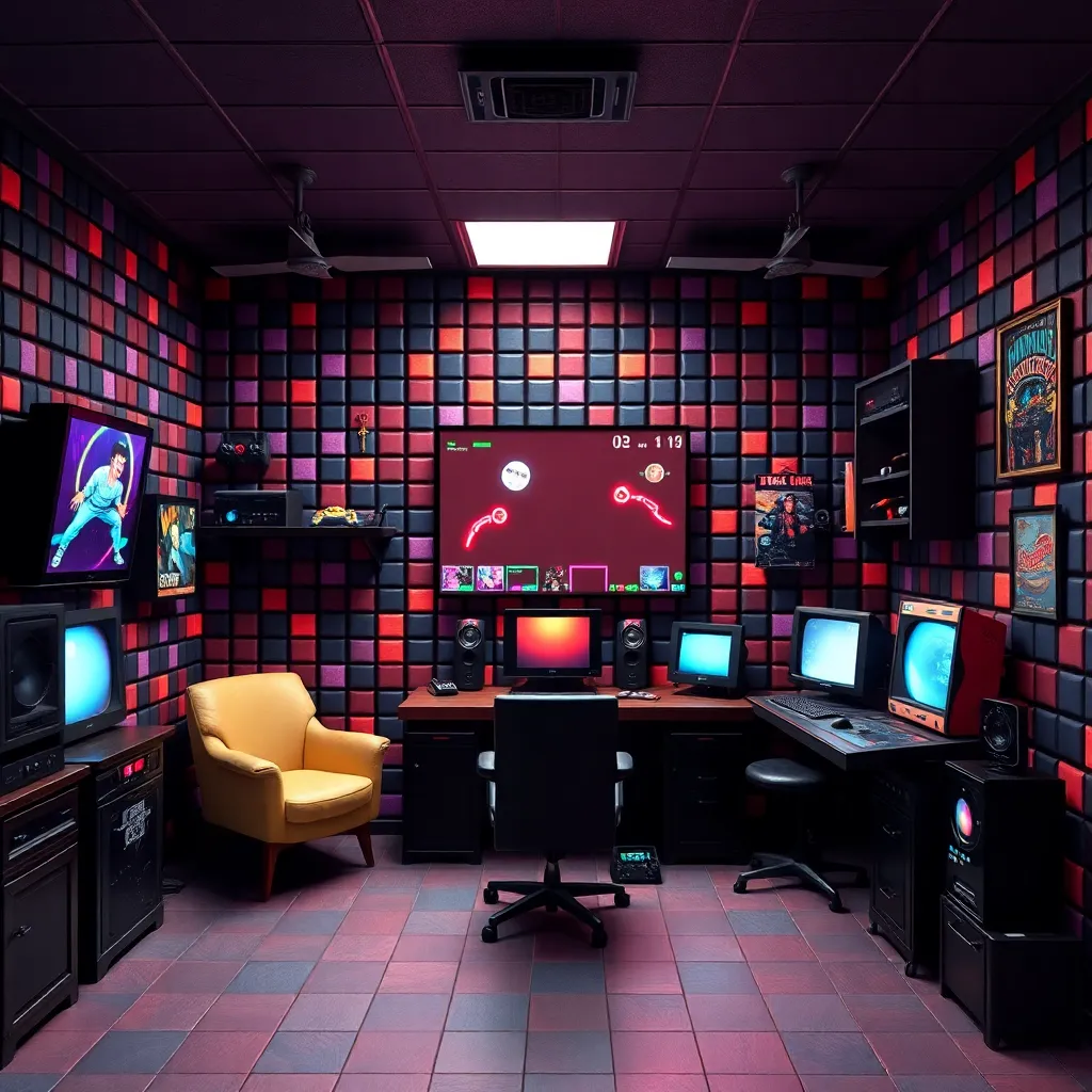 A futuristic gaming room with colorful lights and multiple screens.