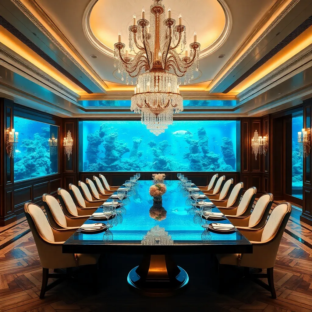 A large conference room with a long table, a chandelier, and a large aquarium.