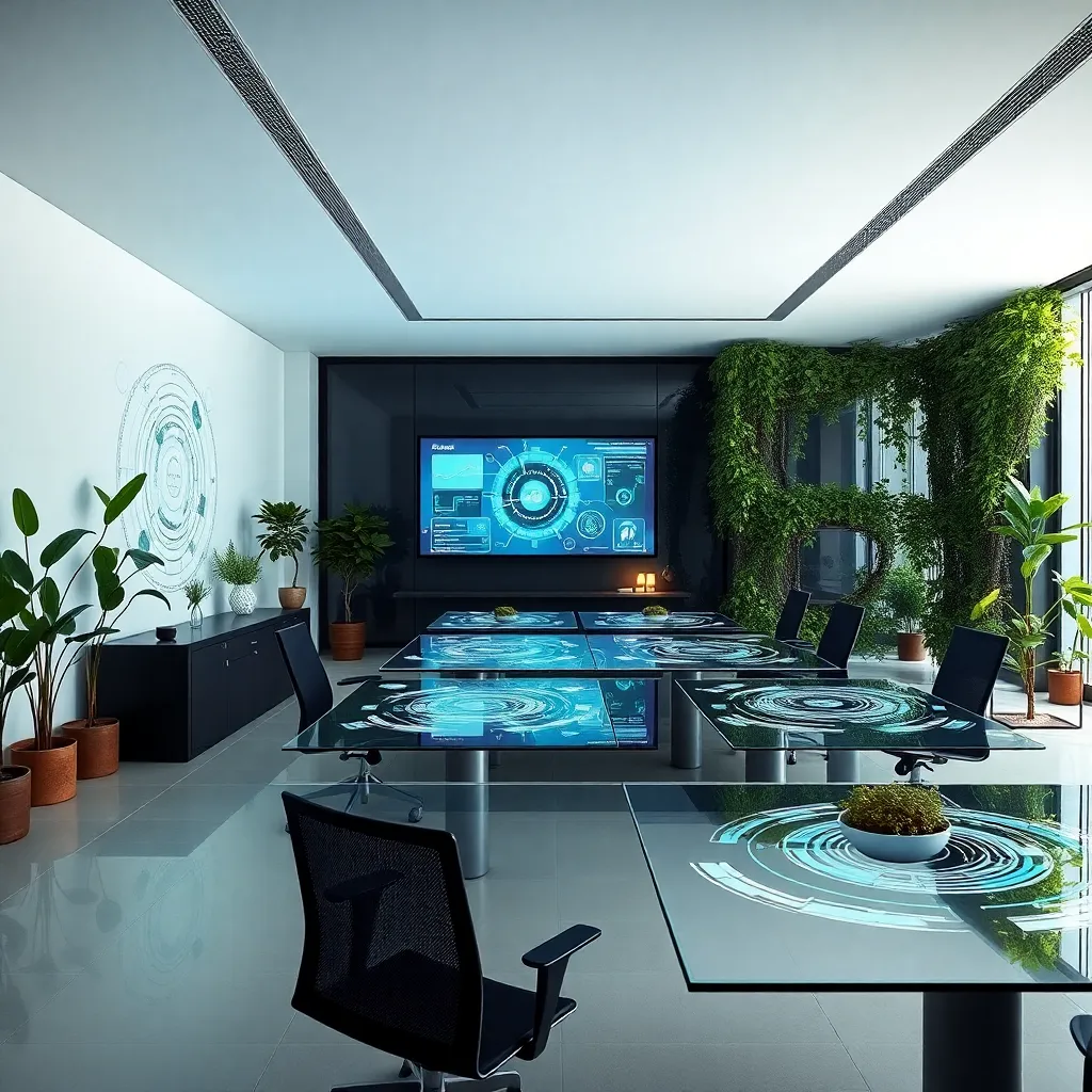 A modern office with a large desk, a TV, and plants.