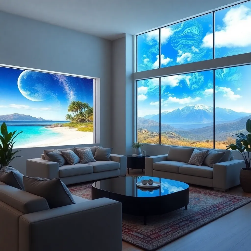 A futuristic living room with a large window showing a beach and ocean view.