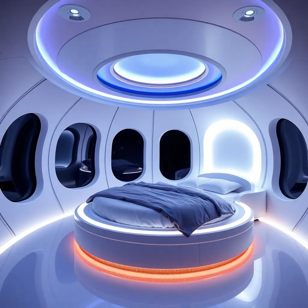 A futuristic bedroom with a circular bed and colorful lights.