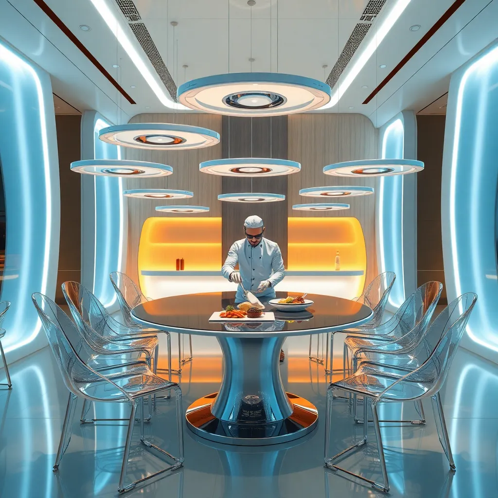 A futuristic dining room with a chef preparing a meal on a circular table, surrounded by glowing lights.