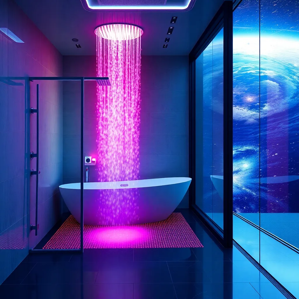 A modern bathroom with a large shower and a bathtub, illuminated with colorful lights.