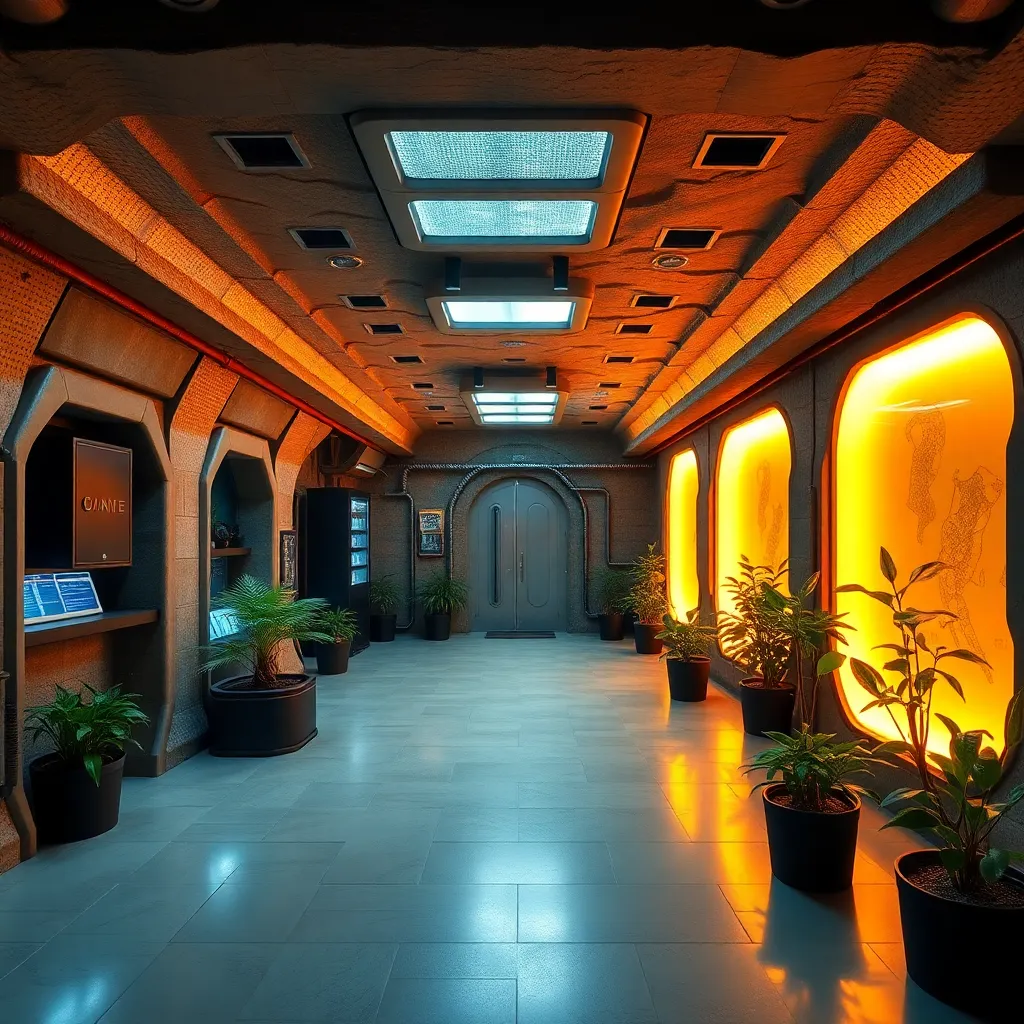 A futuristic hallway with warm orange lighting and decorative elements.