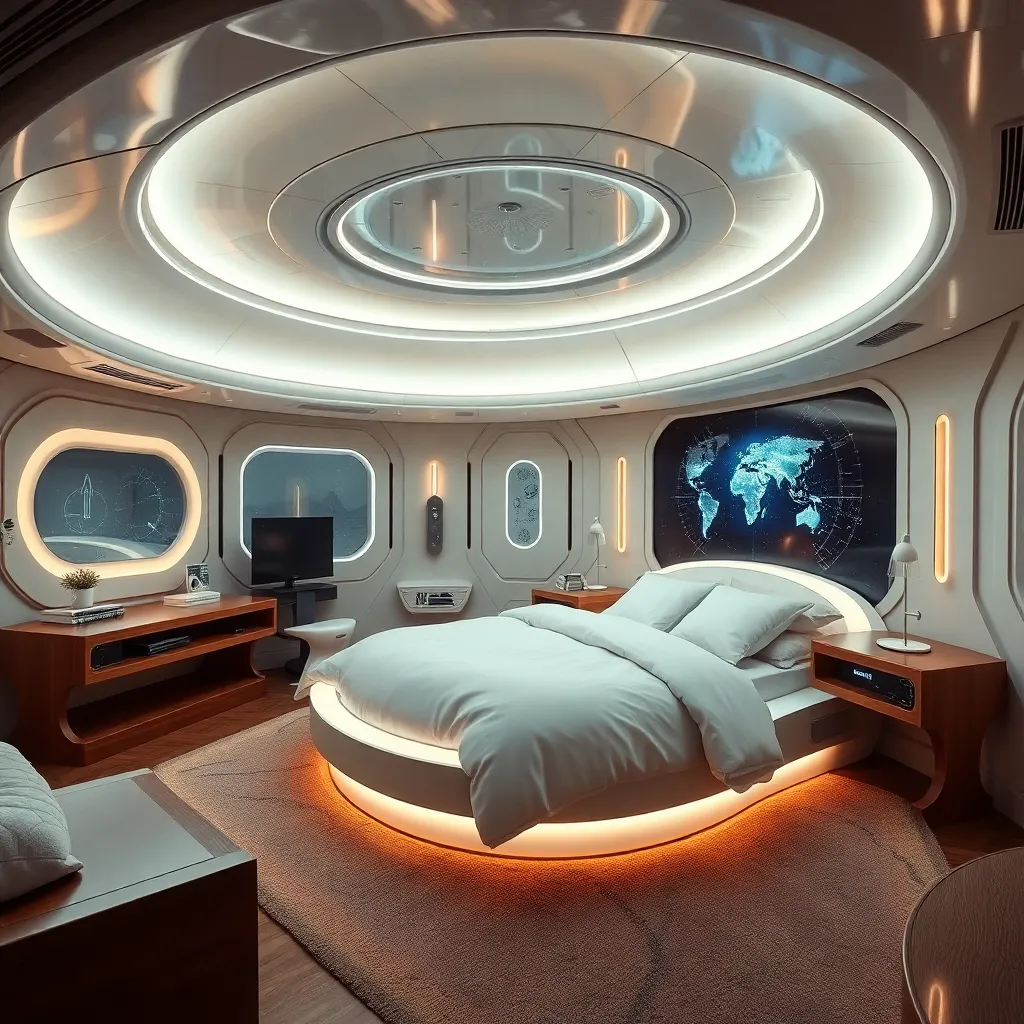 A modern bedroom with a circular bed and a glowing ceiling.