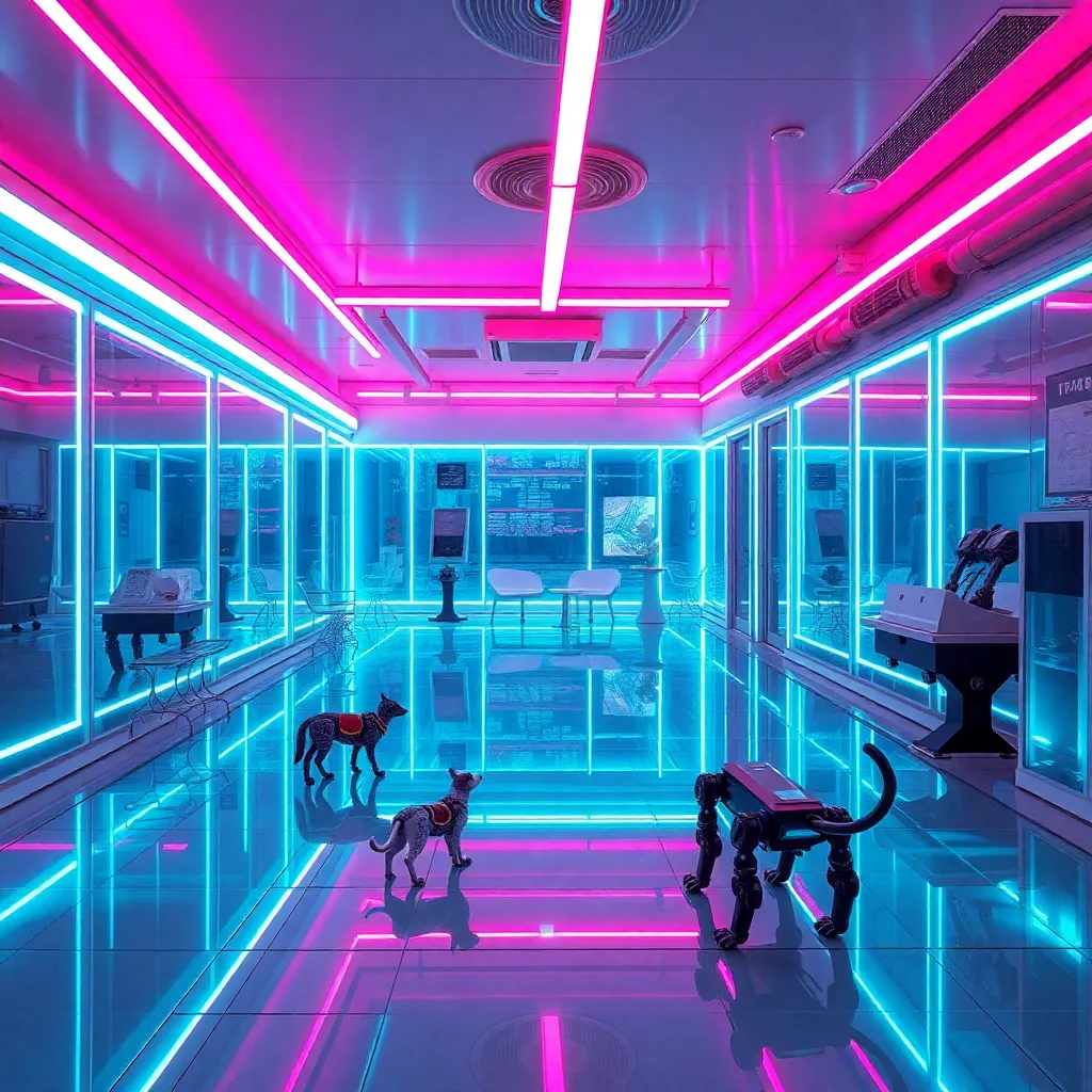 A colorful hallway with pink and blue lighting and a futuristic chair.