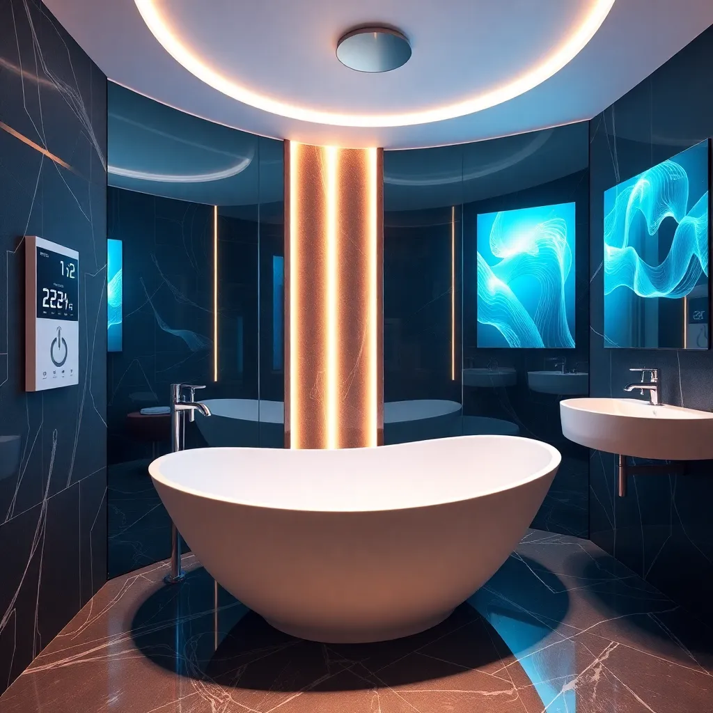 A sleek bathroom with a circular bathtub and underwater scene on the wall.