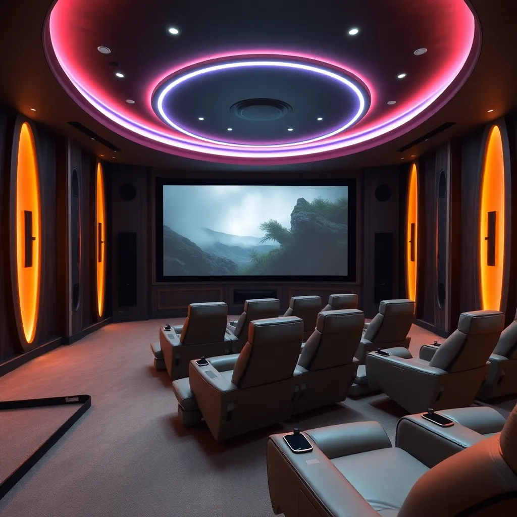 A modern home theater with a large screen, comfortable seating, and colorful lighting.