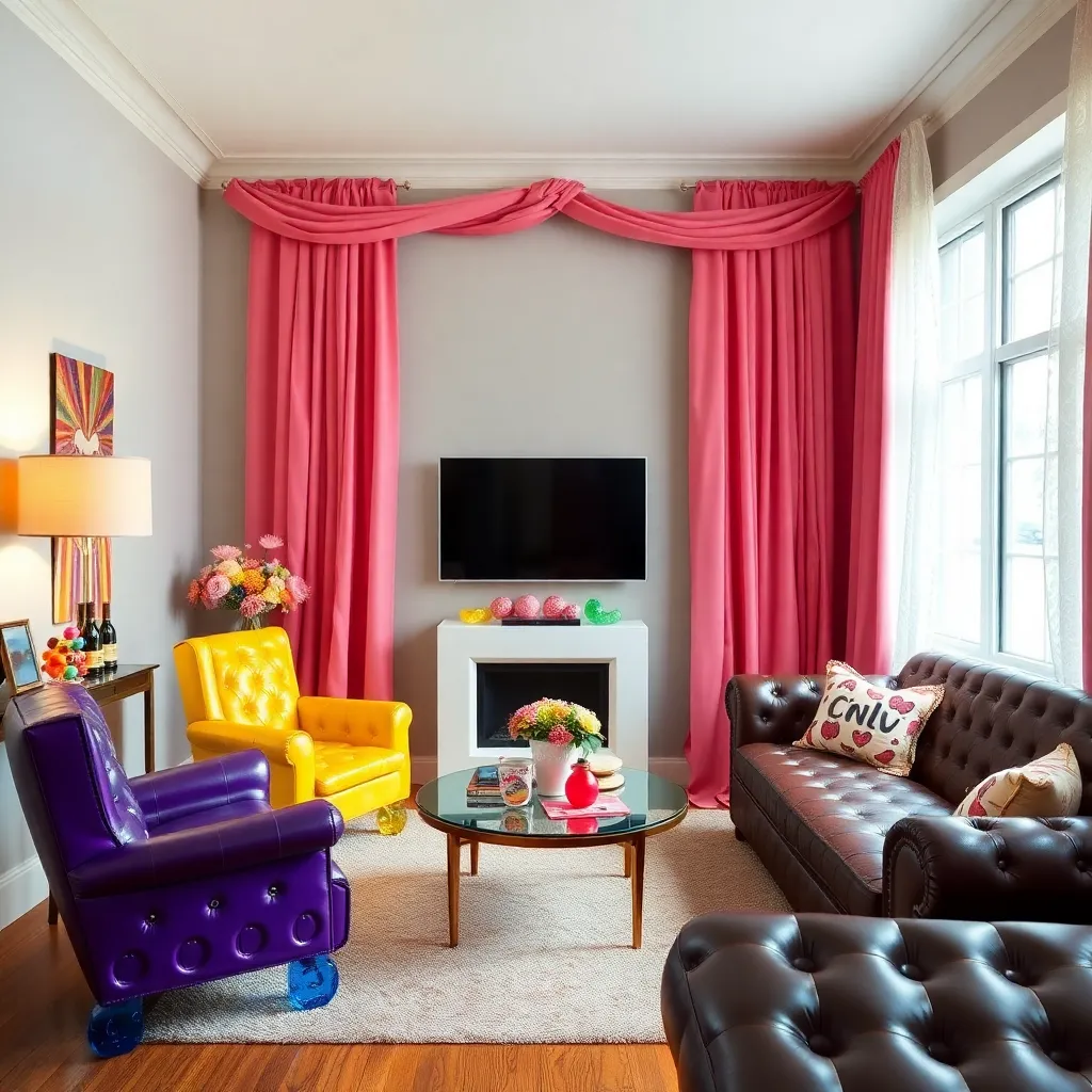 A cozy living room with a fireplace, colorful furniture, and a playful atmosphere.