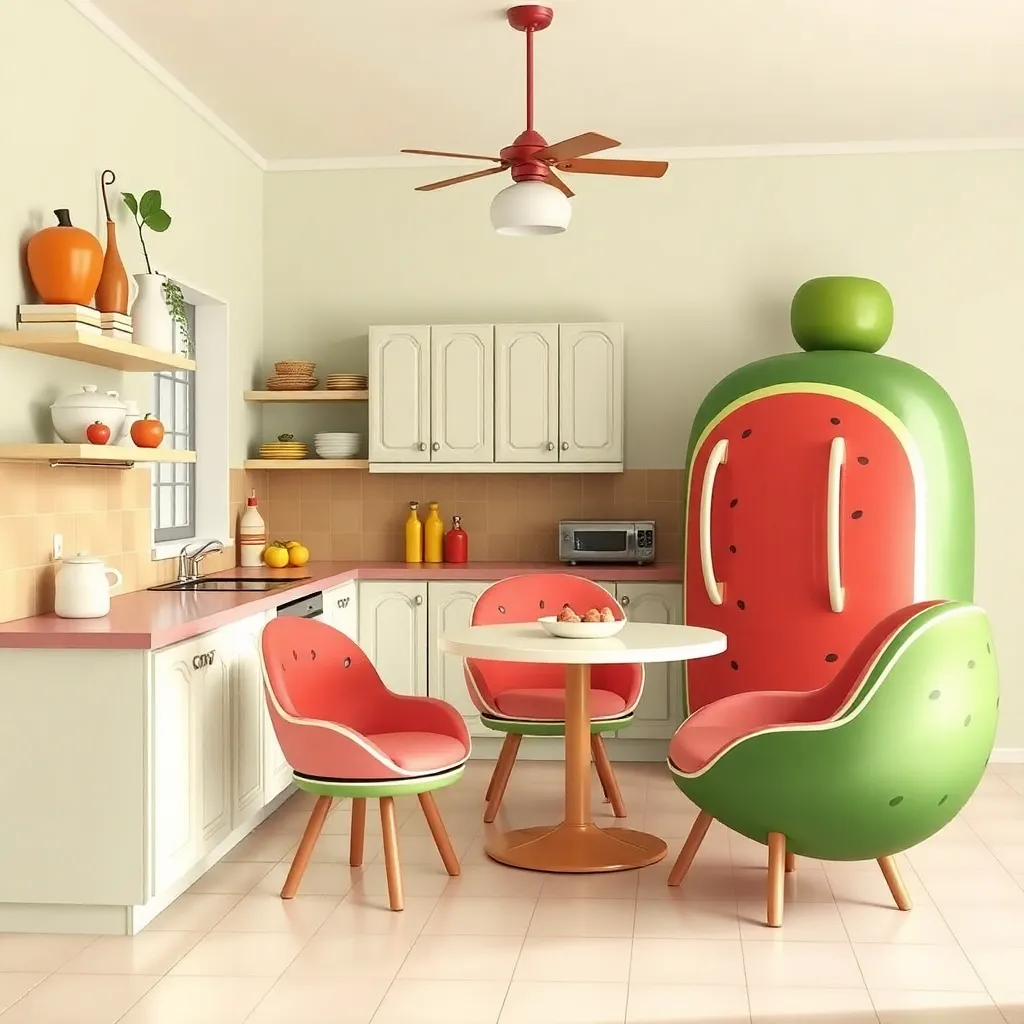 A playful and colorful kitchen with a watermelon-shaped table and chairs.