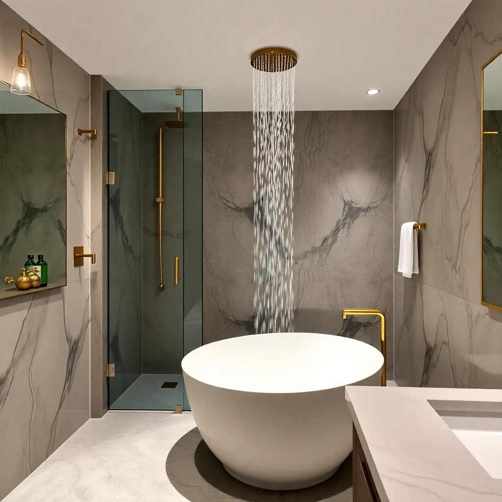 A luxurious bathroom with a large bathtub and a rain shower head.