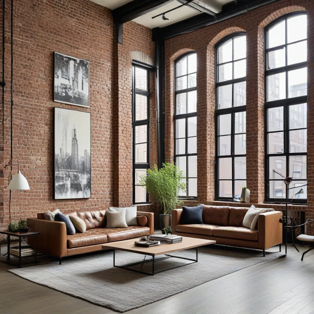 A spacious loft apartment with exposed brick walls and large windows.