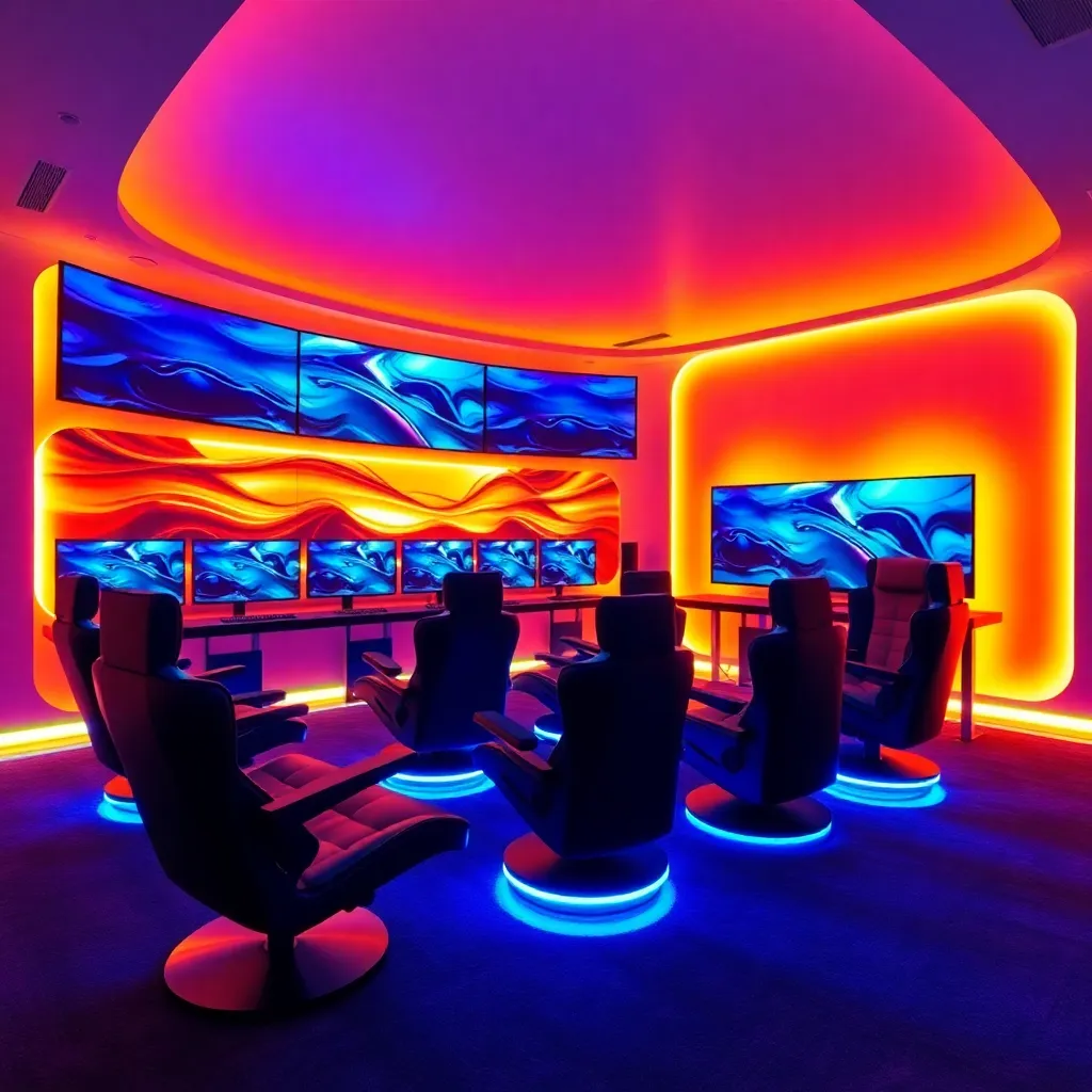 A vibrant and energetic gaming room with colorful neon lights and gaming chairs.