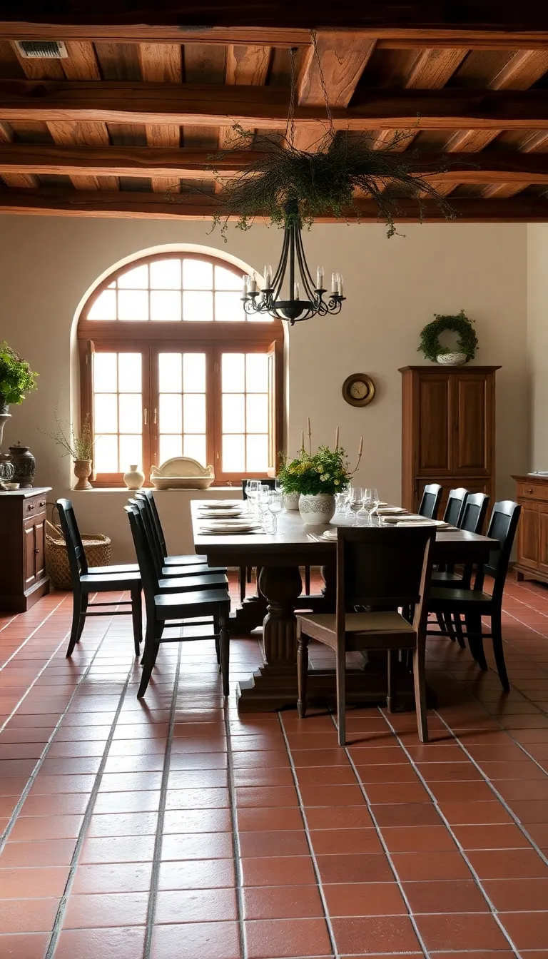 A spacious dining room with a wooden beamed ceiling and a large table.