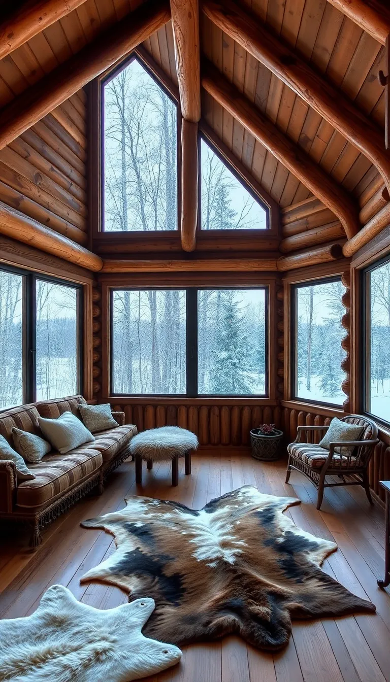 A cozy living room with a wooden ceiling and large windows.