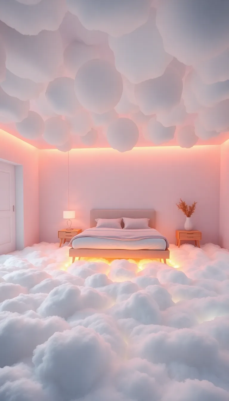 A bedroom with a cloud-like ceiling and soft lighting.