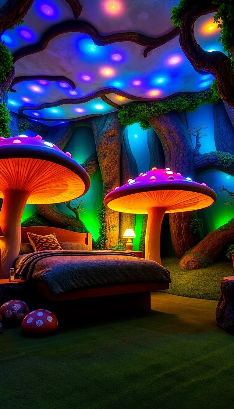 A magical bedroom with a mushroom-themed canopy bed and colorful lights.