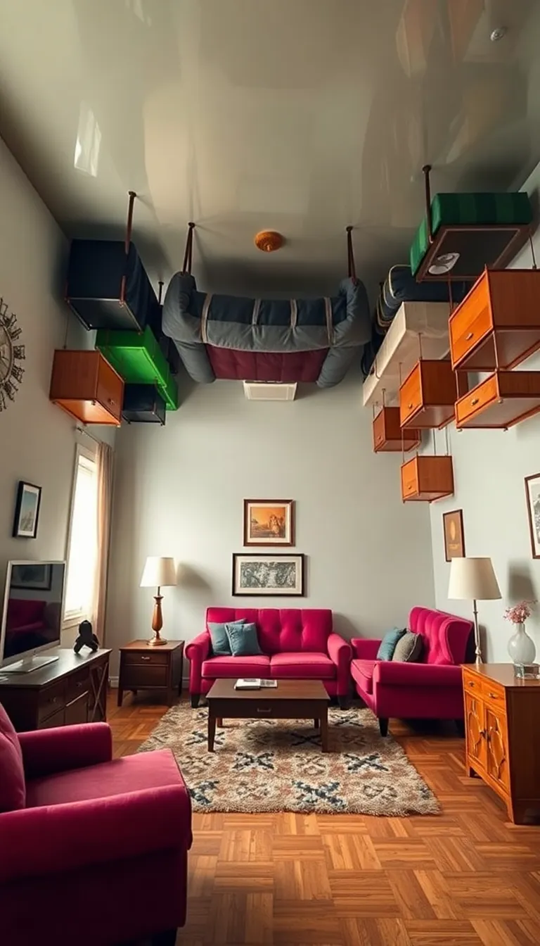 A cozy living room with a colorful ceiling and a comfortable sofa.