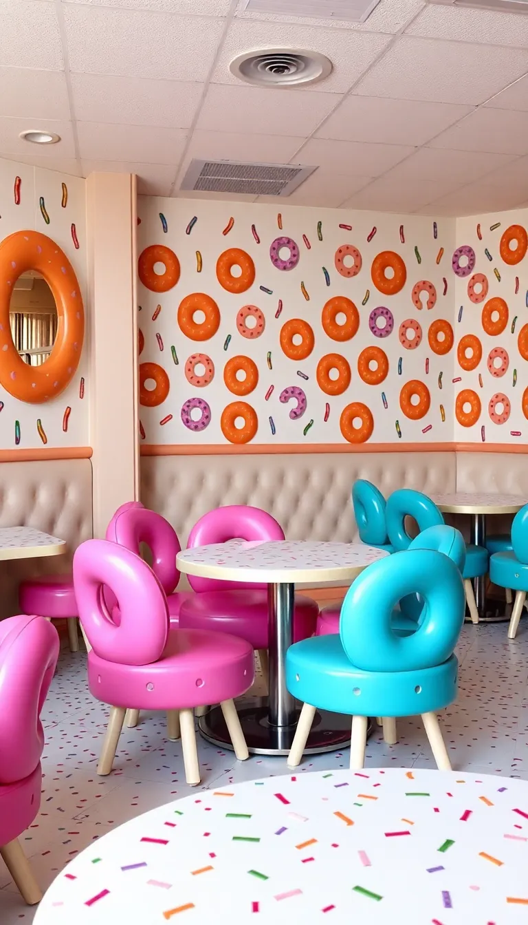 A dining area with a colorful wall and mismatched chairs.