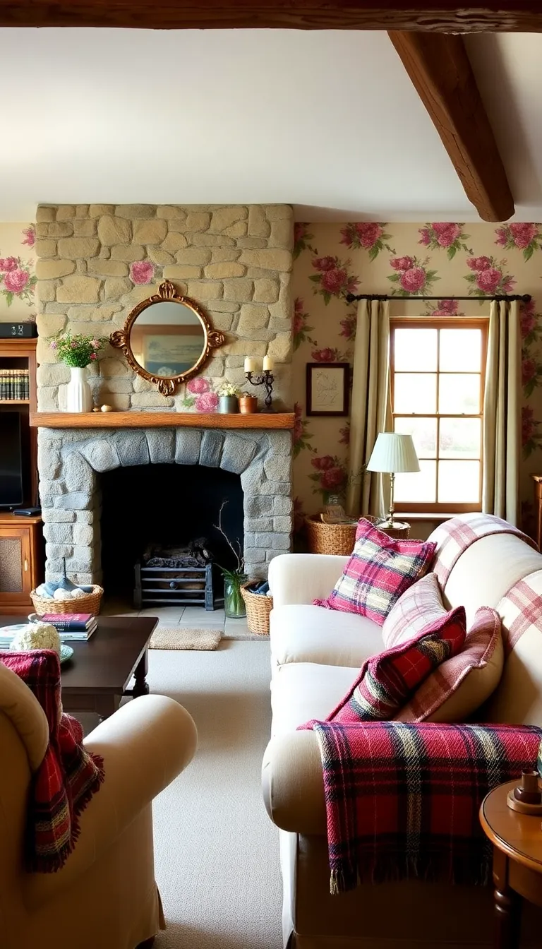 A cozy living room with a fireplace and colorful patterns.