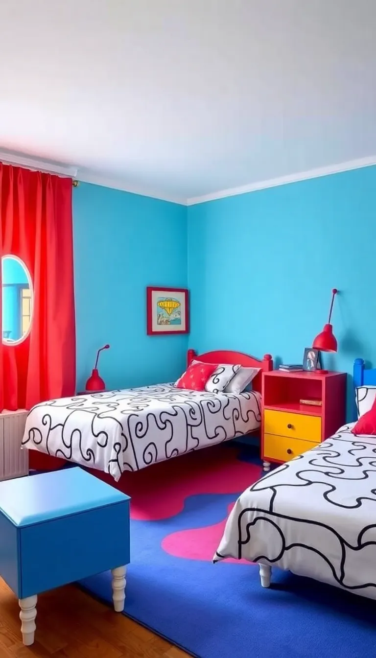 A colorful bedroom with twin beds and bright walls.