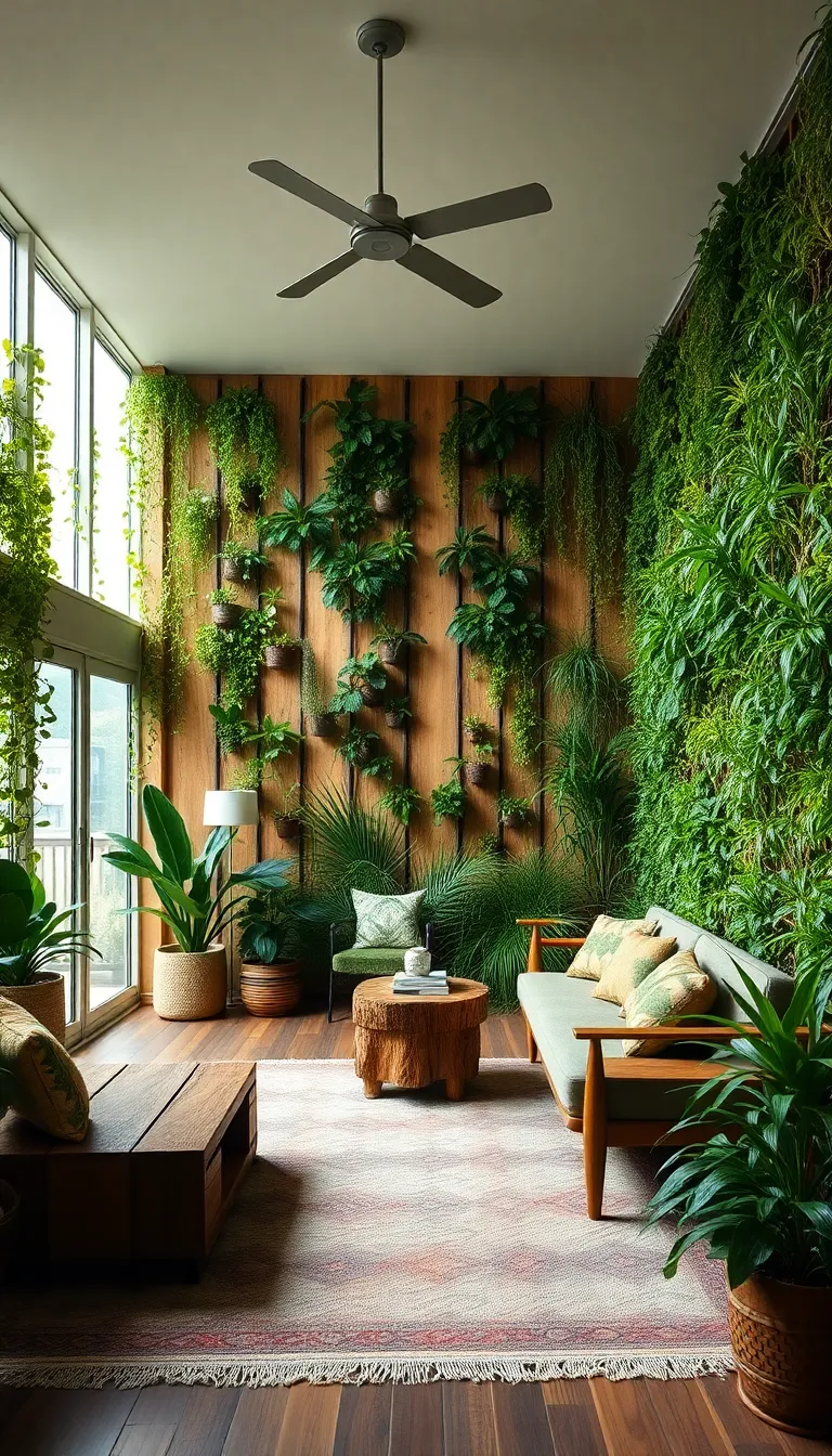 A living room with a vertical garden wall and a relaxed seating area.